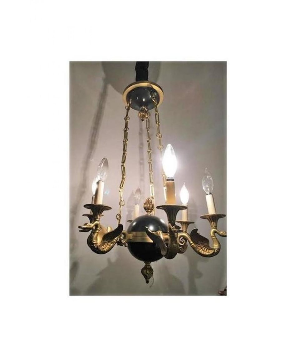 Regency Style Six-Arm Bronze Swan Decorated Chandelier - 3