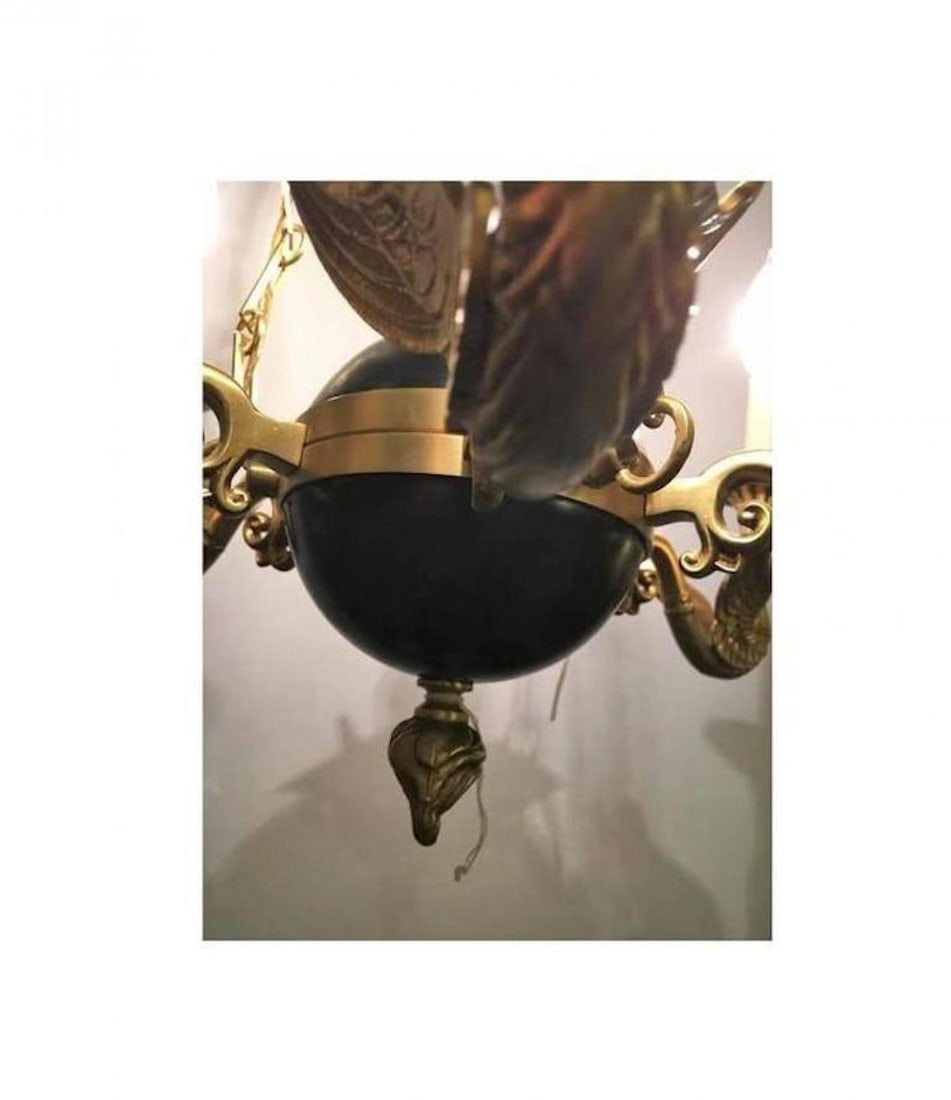 Regency Style Six-Arm Bronze Swan Decorated Chandelier - 5