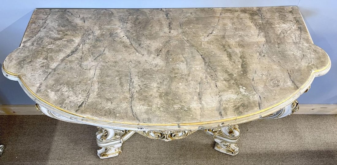 Pair of Italian Parcel Paint and Gilt Decorated Faux Marble-Top Console Tables - 11
