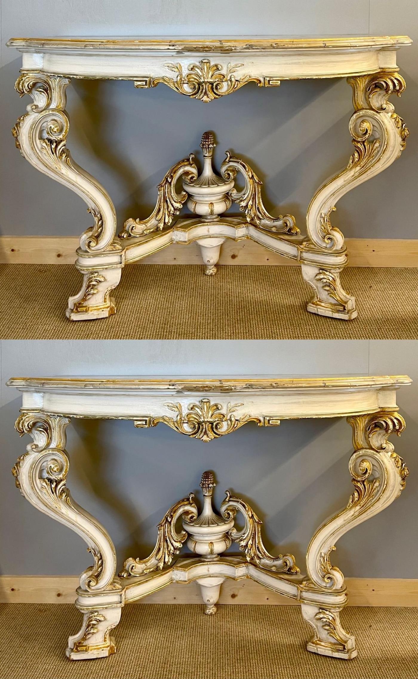 Pair of Italian Parcel Paint and Gilt Decorated Faux Marble-Top Console Tables - 3