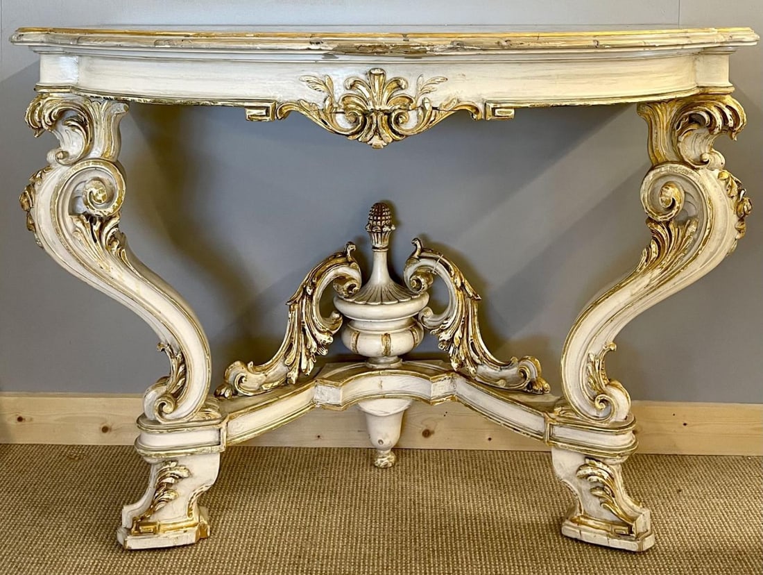 Pair of Italian Parcel Paint and Gilt Decorated Faux Marble-Top Console Tables - 5