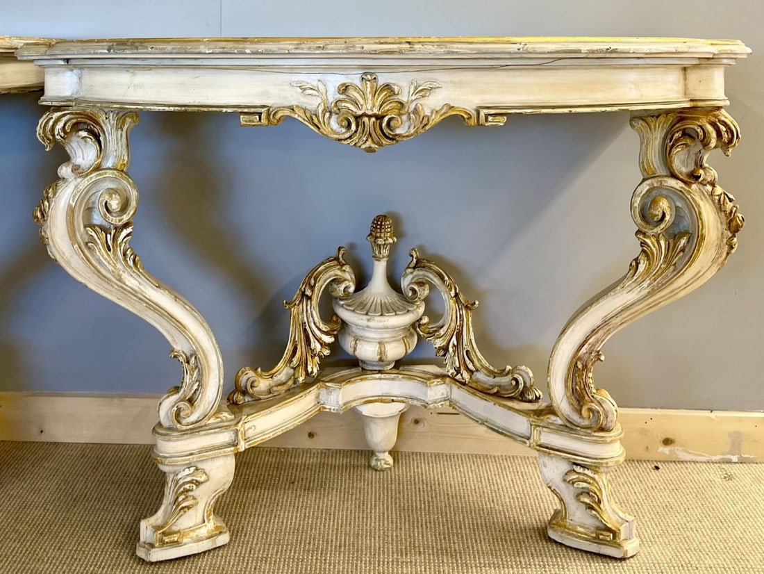 Pair of Italian Parcel Paint and Gilt Decorated Faux Marble-Top Console Tables - 6