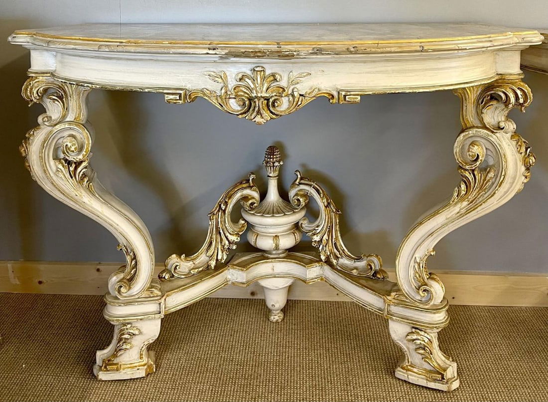 Pair of Italian Parcel Paint and Gilt Decorated Faux Marble-Top Console Tables - 7