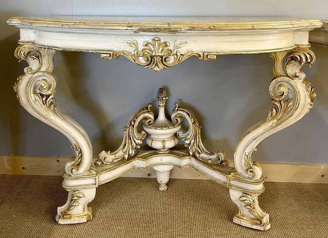 Pair of Italian Parcel Paint and Gilt Decorated Faux Marble-Top Console Tables - 8