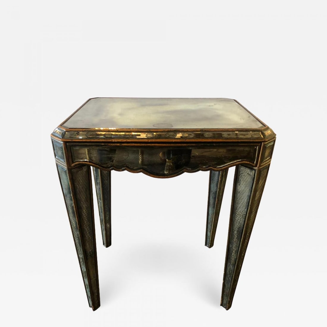 Hollywood Regency Distressed Beveled Mirror Single Draw End, Side Table or Desk - 2