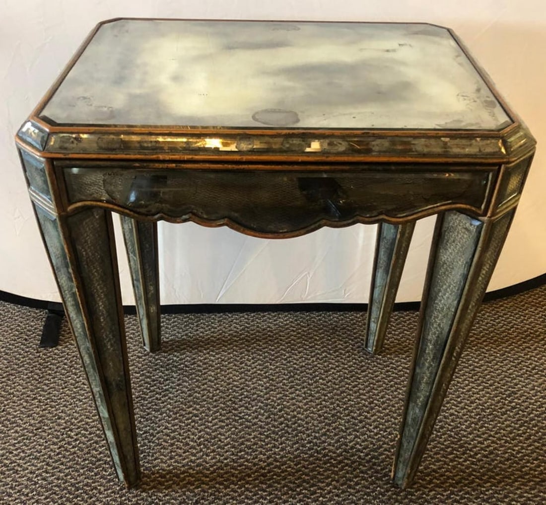 Hollywood Regency Distressed Beveled Mirror Single Draw End, Side Table or Desk - 3