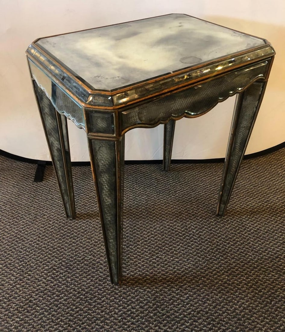 Hollywood Regency Distressed Beveled Mirror Single Draw End, Side Table or Desk - 4