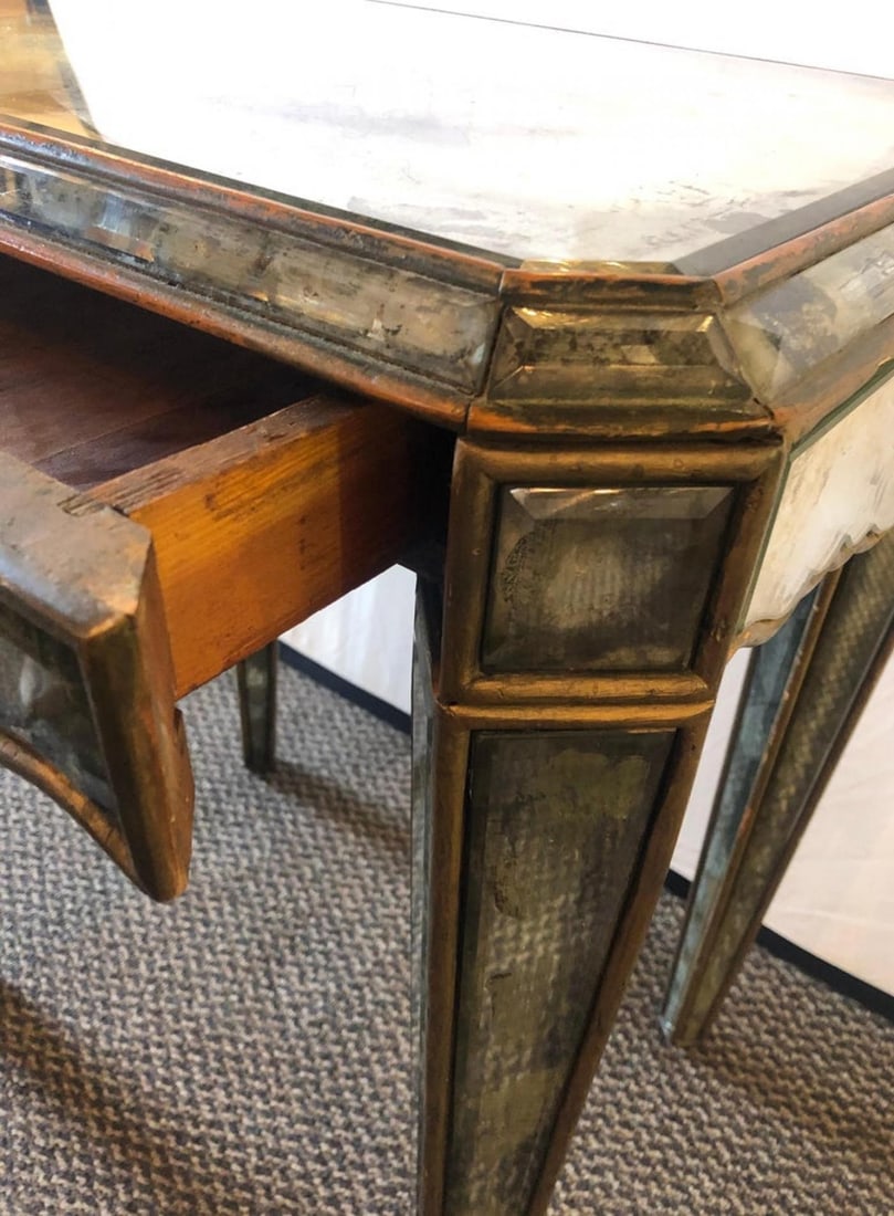 Hollywood Regency Distressed Beveled Mirror Single Draw End, Side Table or Desk - 7