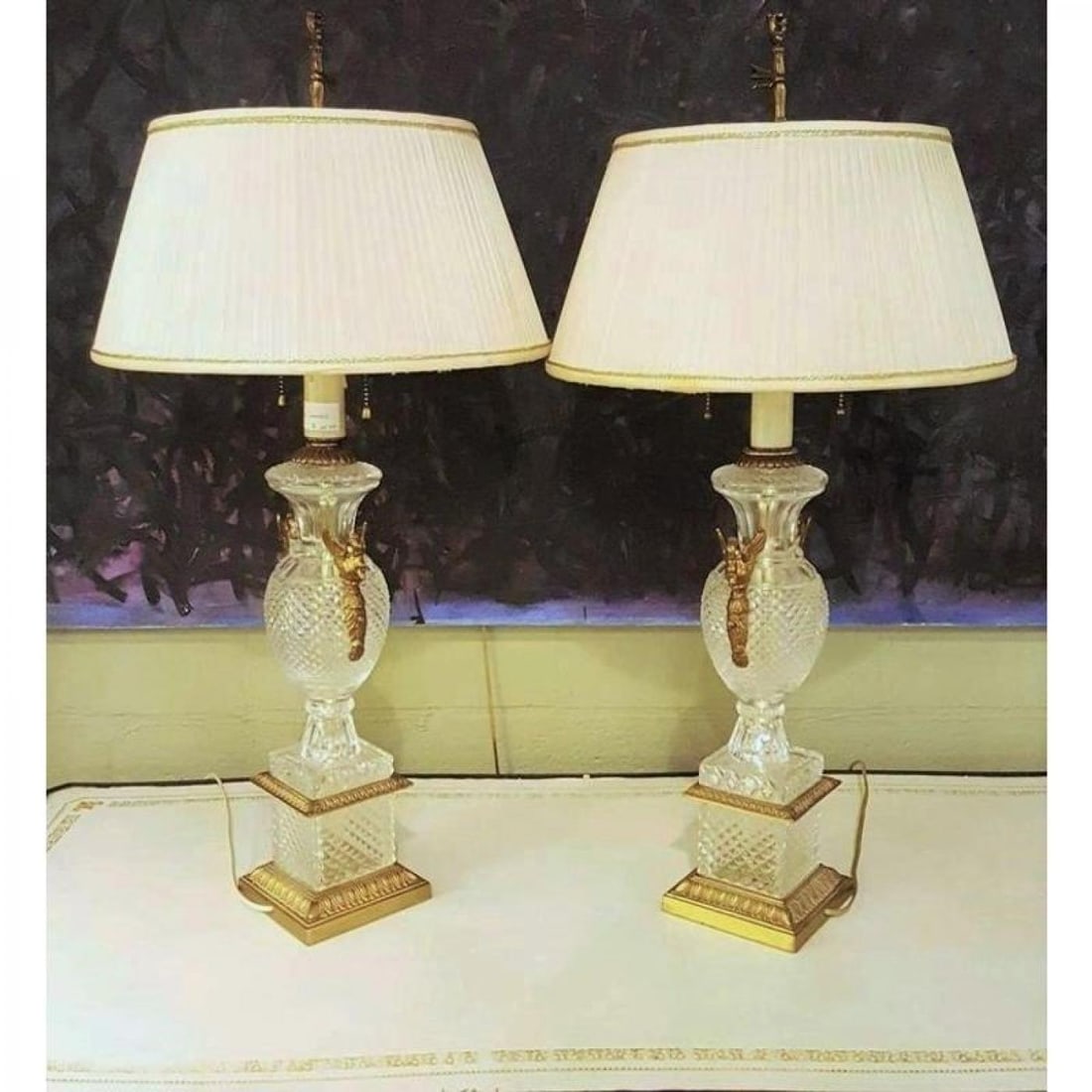 Pair of Hollywood Regency Style Fine Glass Lamps with Swan Handles - 11