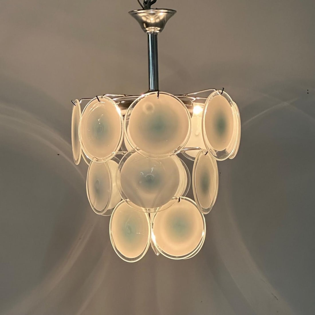 Mid-Century Modern Style Small White Murano Glass Disk Chandeliers / Pendants - 6