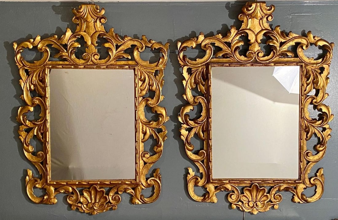 Pair of Rococo Style Frame Wall or Console Mirrors, Carved Gilded Wood Surrounds - 3