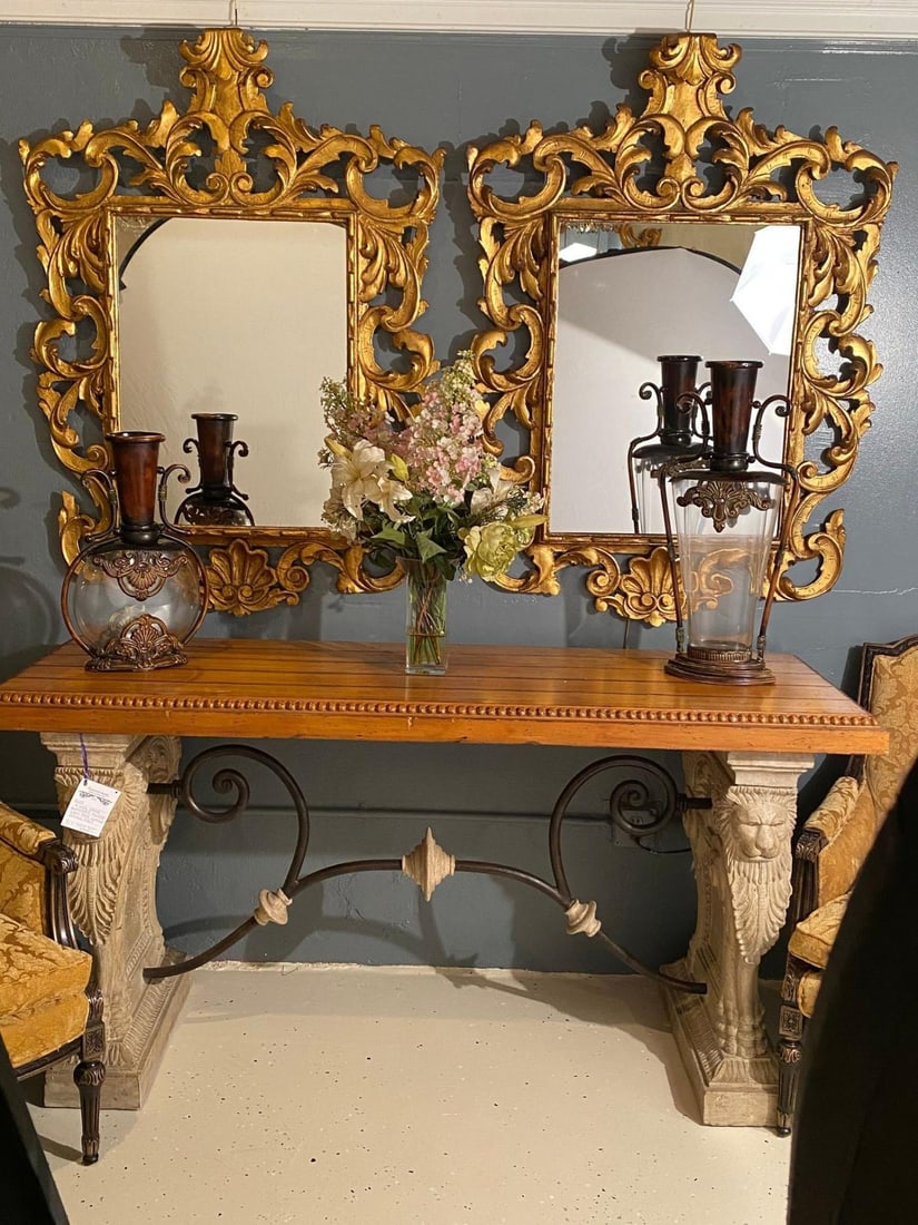 Pair of Rococo Style Frame Wall or Console Mirrors, Carved Gilded Wood Surrounds - 7