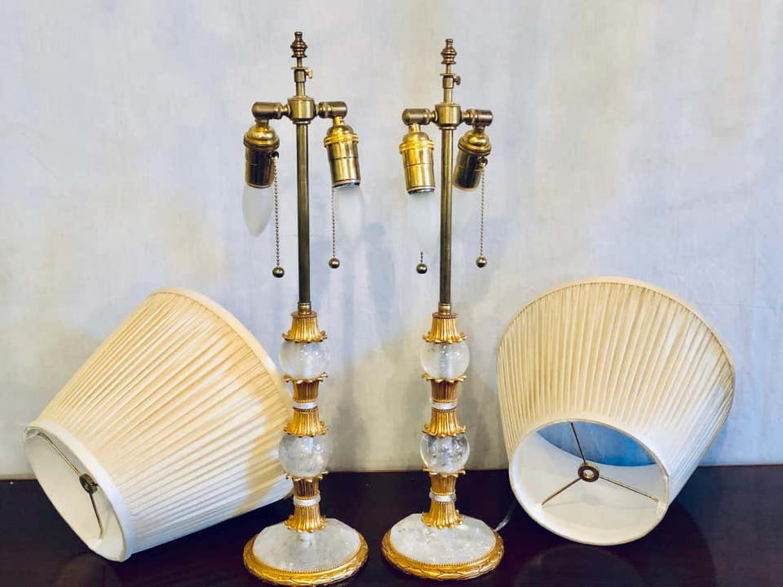 Pair of Gilt Metal and Rock Crystal Baguès Style Table Lamps - 3