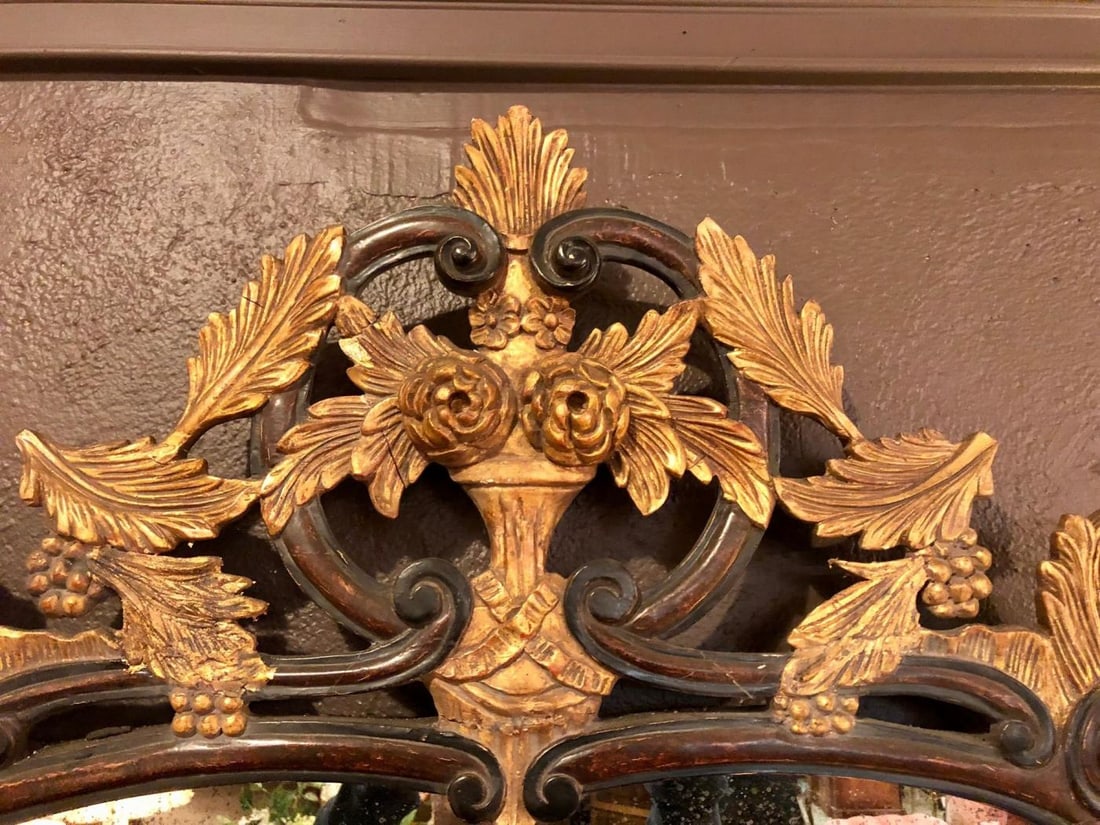 French Regency Antique Mirror of Mahogany and Gilt with Basket of Roses Design - 6