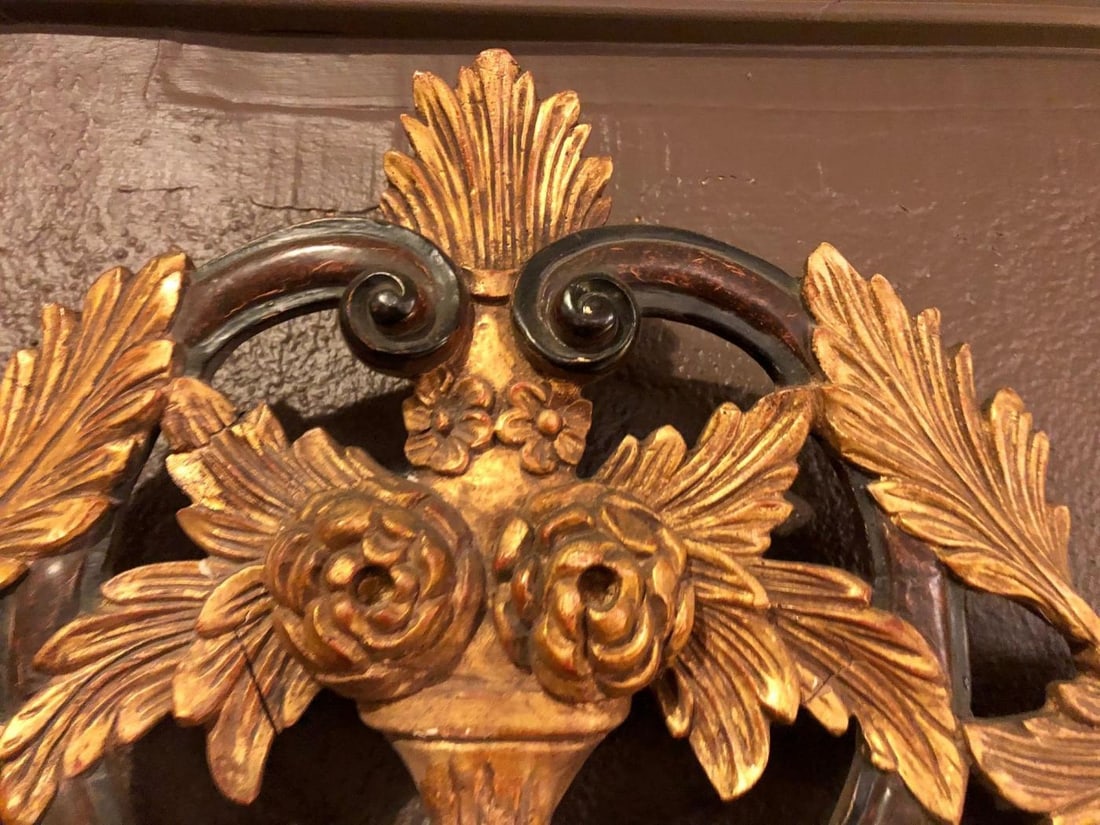 French Regency Antique Mirror of Mahogany and Gilt with Basket of Roses Design - 7