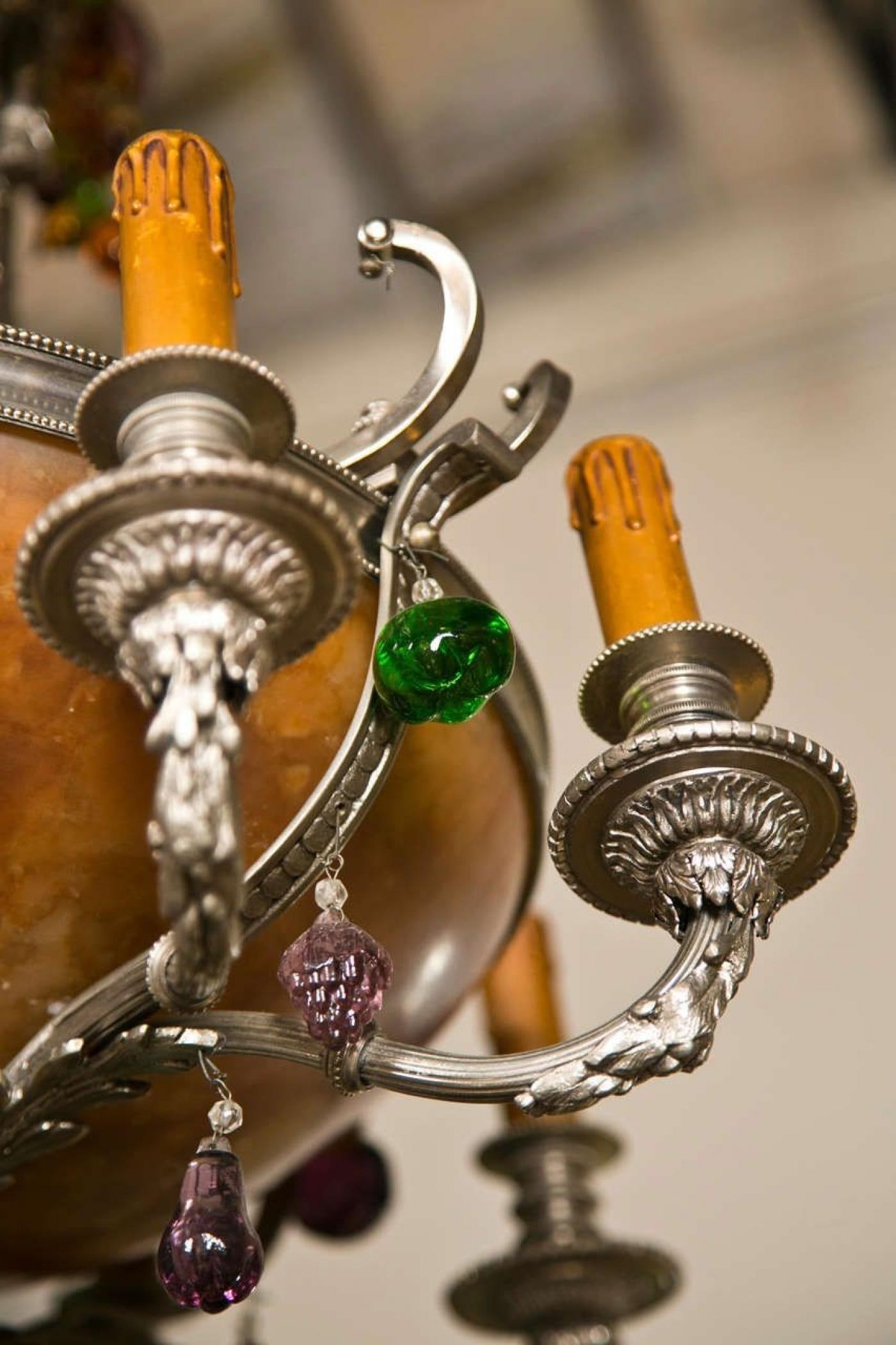 French Art Nouveau Style Eight-Light Chandelier Silver Argente Over Bronze - 10