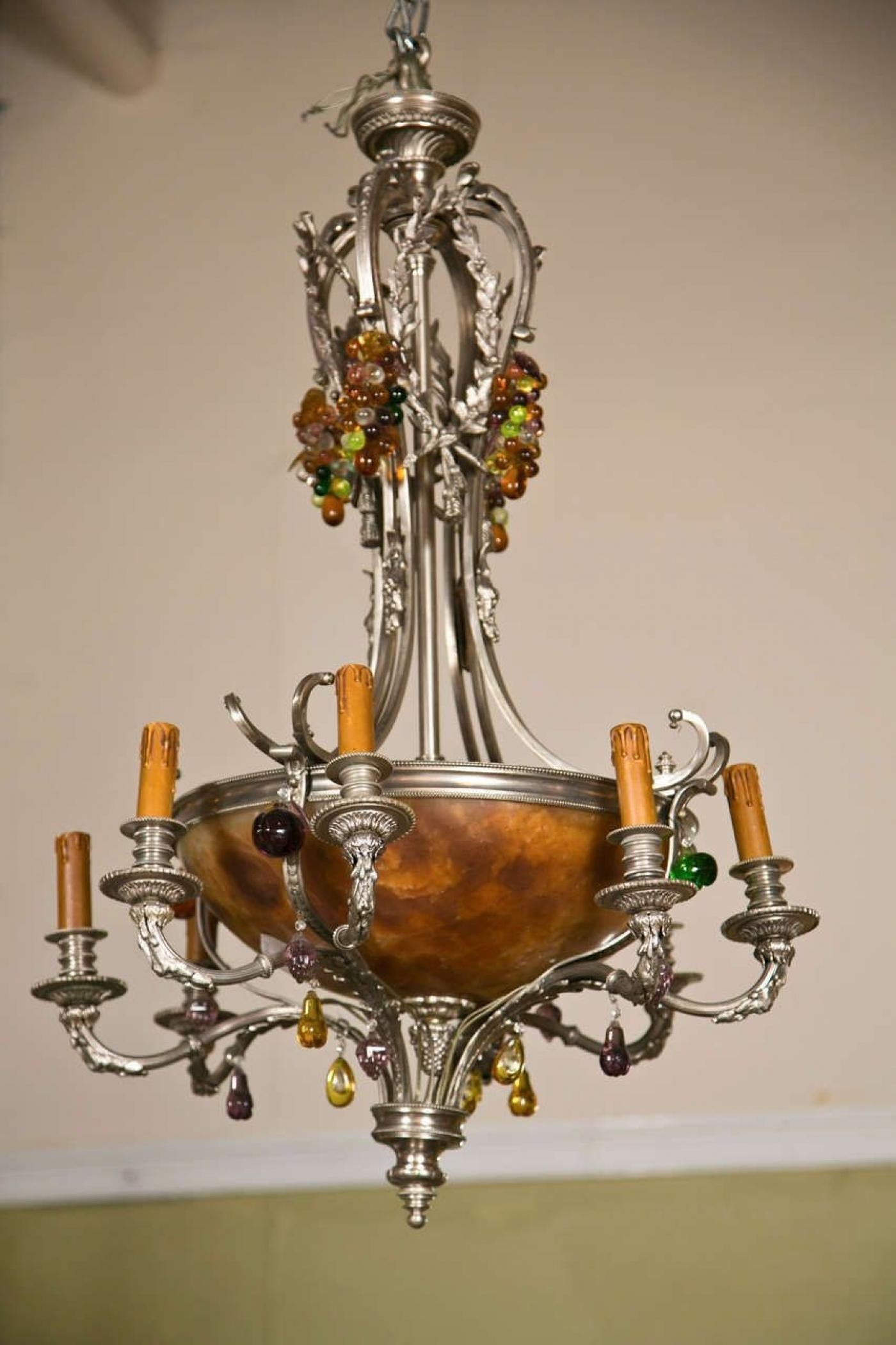 French Art Nouveau Style Eight-Light Chandelier Silver Argente Over Bronze - 11