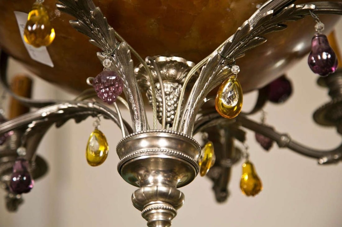 French Art Nouveau Style Eight-Light Chandelier Silver Argente Over Bronze - 8