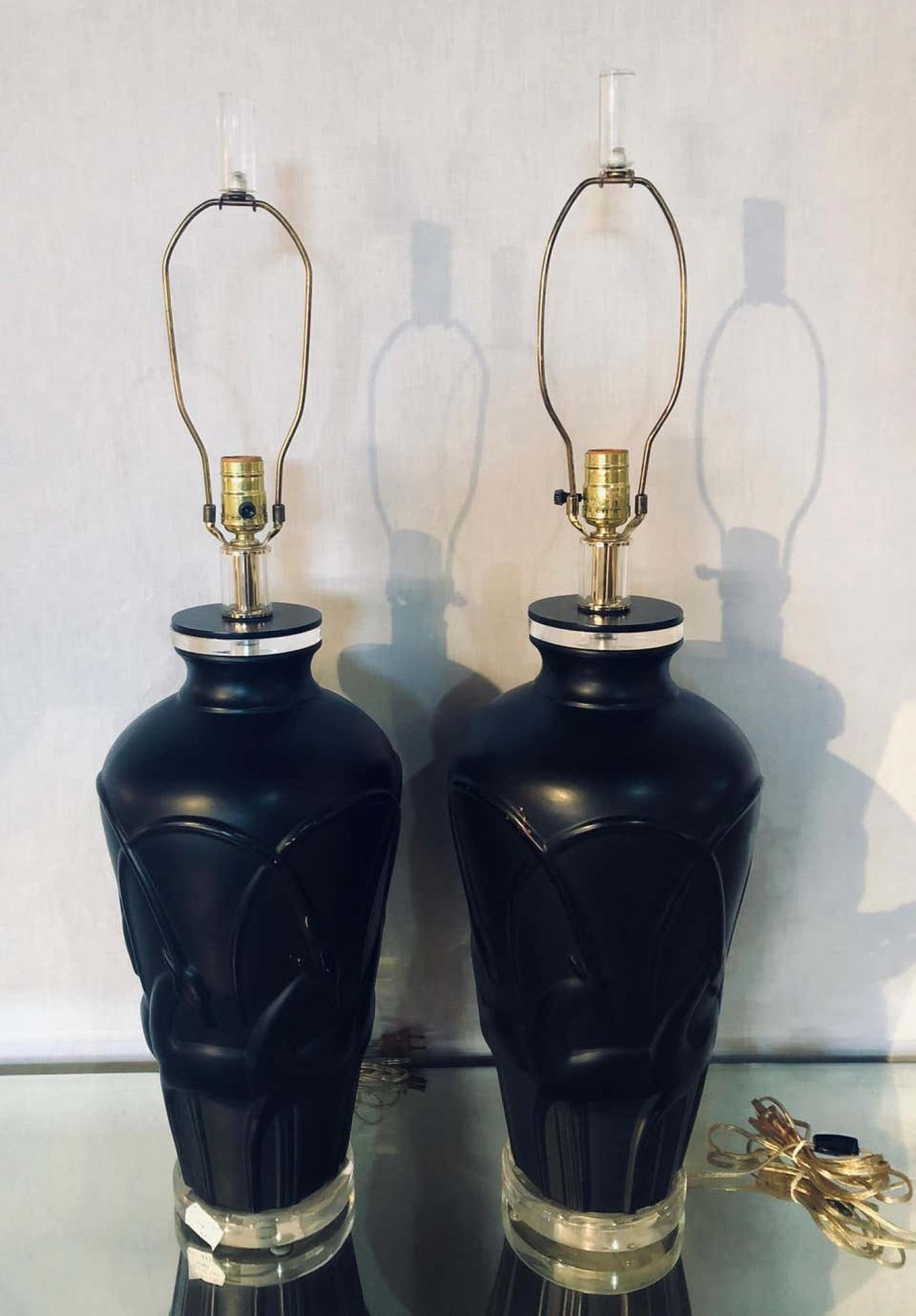 Pair of Art Deco Style Modern Black Table Lamps Lucite Base and Antelopes - 11