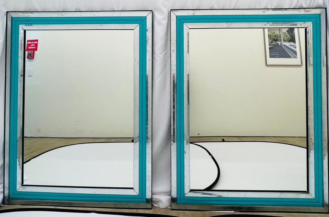 Pair of Art Deco Wall, Mantle or Console Mirrors with Turquoise Beveled Frames - 3
