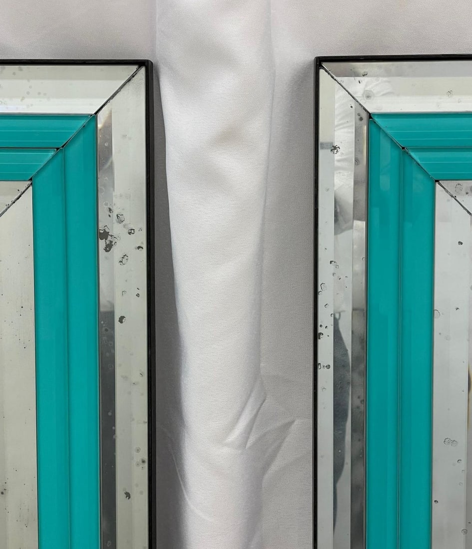 Pair of Art Deco Wall, Mantle or Console Mirrors with Turquoise Beveled Frames - 8