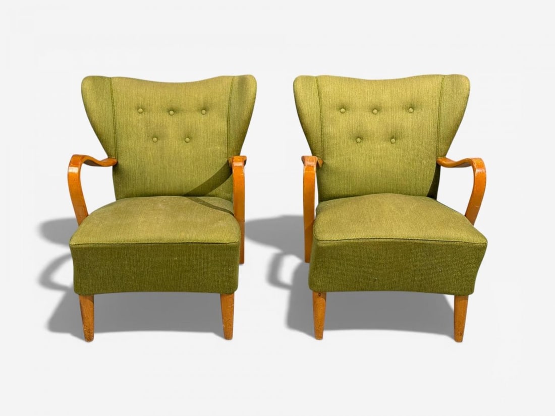 Swedish Modern, Lounge Chairs, Elm, Green Fabric, Sweden, 1930s - 4