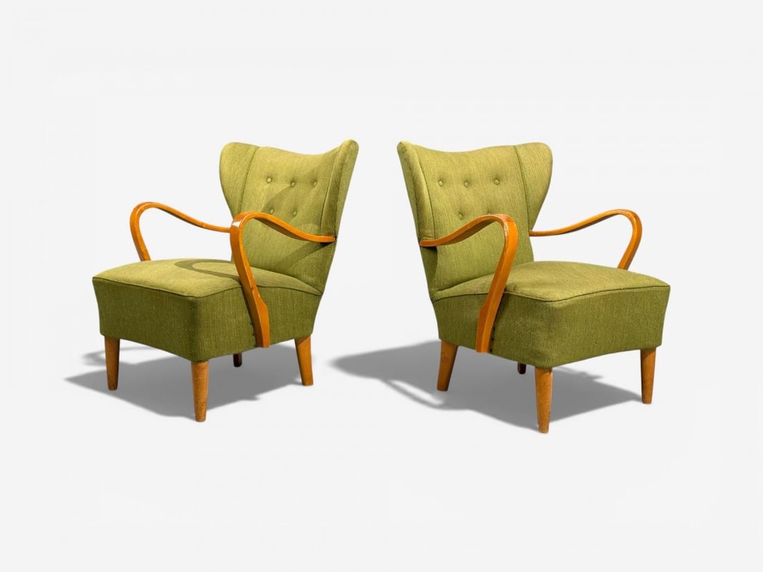 Swedish Modern, Lounge Chairs, Elm, Green Fabric, Sweden, 1930s - 5
