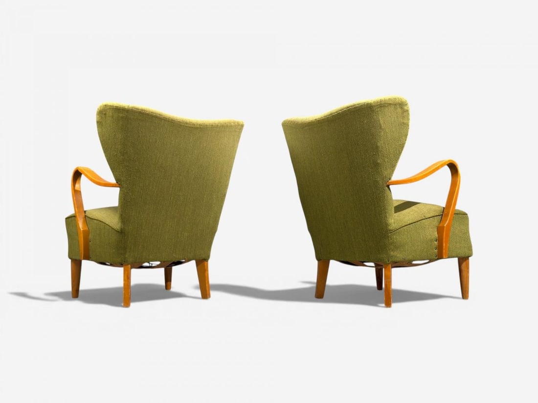 Swedish Modern, Lounge Chairs, Elm, Green Fabric, Sweden, 1930s - 9