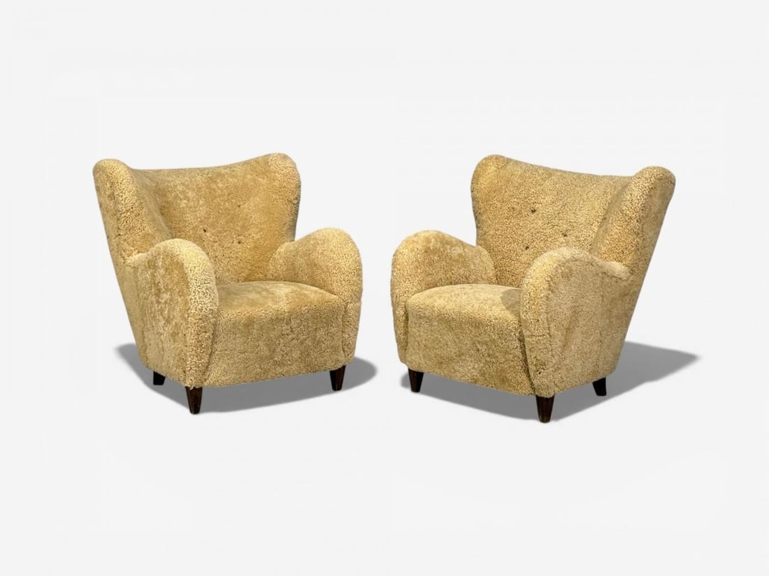 Swedish Modern, Organic Lounge Chairs, Shearling, Wood, Sweden, 1940s - 6