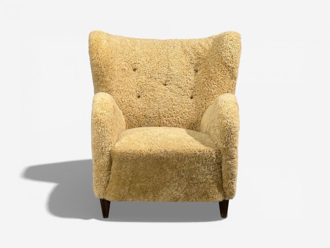 Swedish Modern, Organic Lounge Chairs, Shearling, Wood, Sweden, 1940s - 7