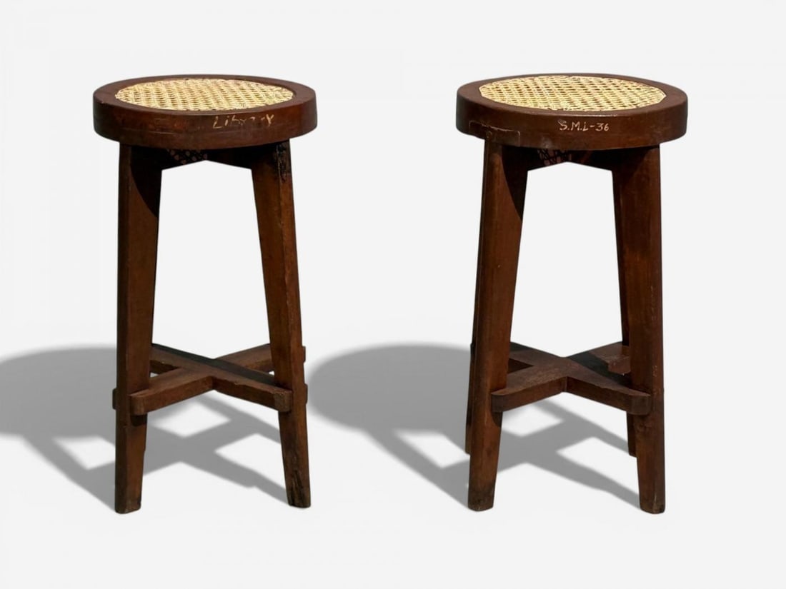 Pierre Jeanneret, Stools, Cane, Teak, Chandigarh, India c. 1960s - 2