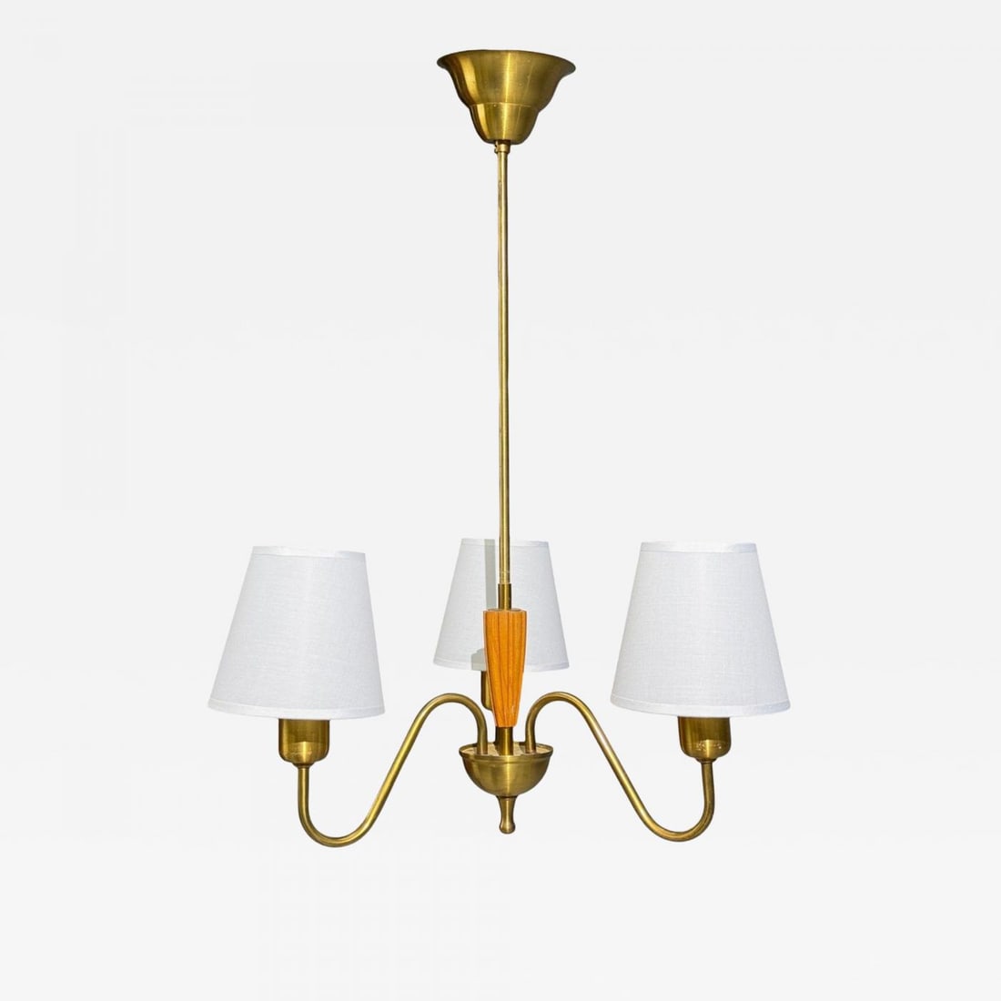 Swedish Modern, Pendant Light, Brass, Wood, Sweden, 1940s: Title: Swedish Modern, Pendant Light, Brass, Wood, Sweden, 1940s Description: "Swedish Mid-Century Modern, Three Arm Pendant Light, Brass, Wood, Sweden, 1940s A modernist brass and wood three arm pend