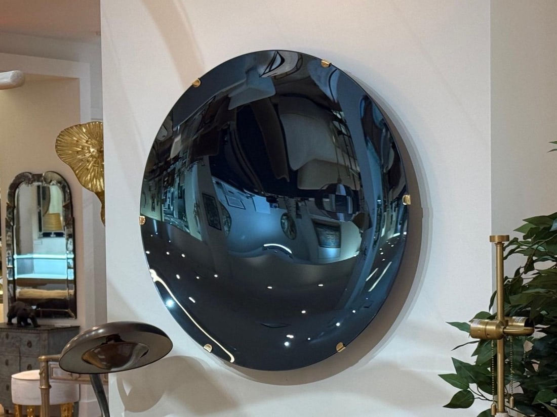 Contemporary, Modern Space Age Wall Mirror, Blue Concave Glass, Brass - 3