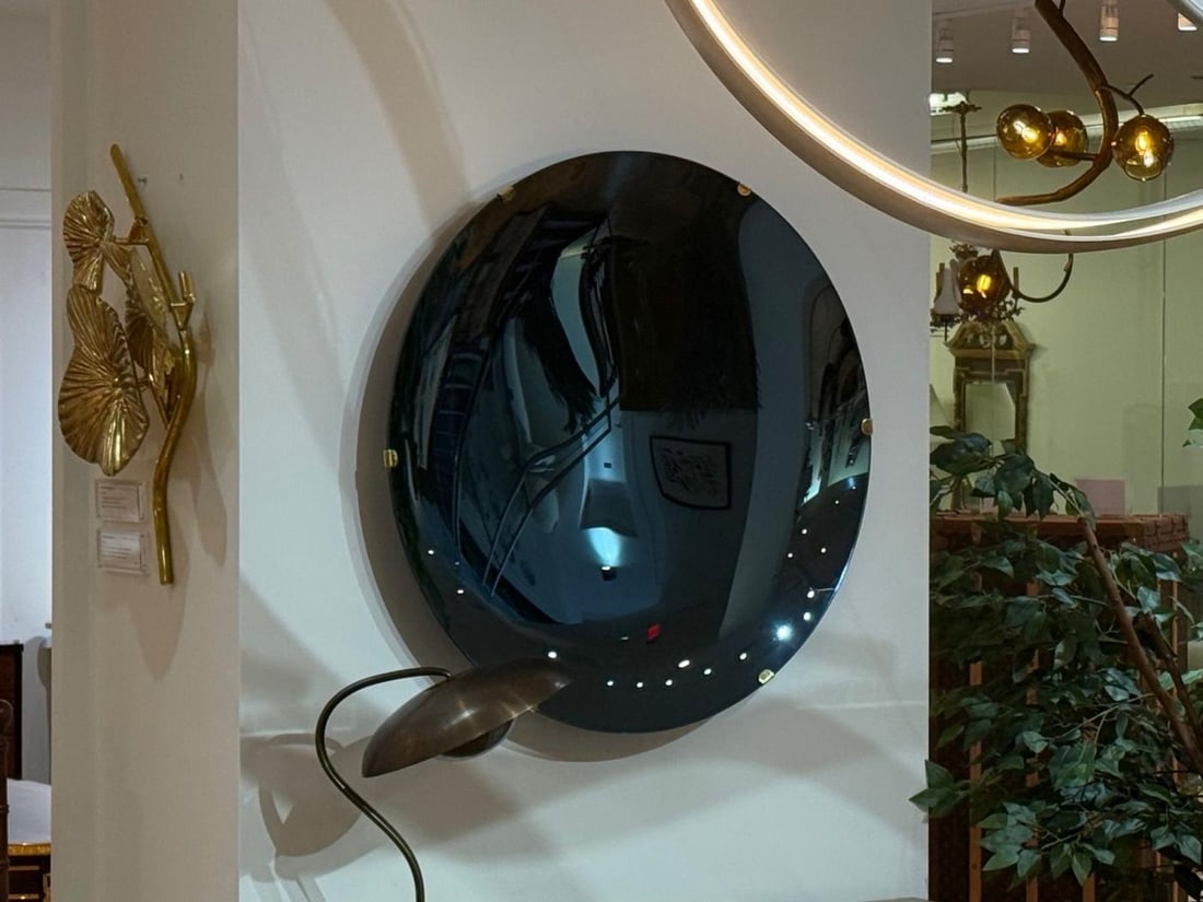 Contemporary, Modern Space Age Wall Mirror, Blue Concave Glass, Brass - 5