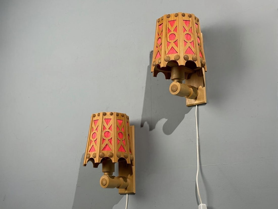 Swedish Modern, Wall Lights, Pine, Red Textile, Sweden, 1970s - 3