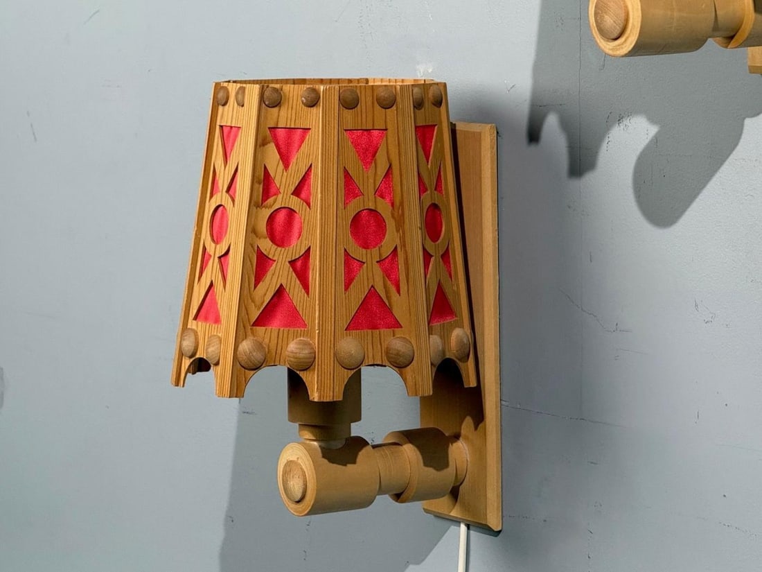 Swedish Modern, Wall Lights, Pine, Red Textile, Sweden, 1970s - 5