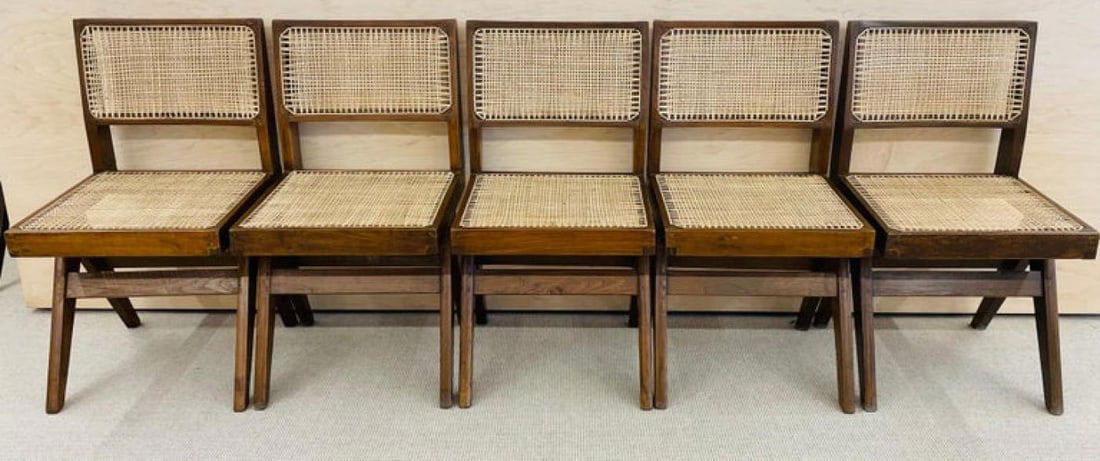 Set of Ten Pierre Jeanneret Hand Cane Chairs, Teak, Cane - 2
