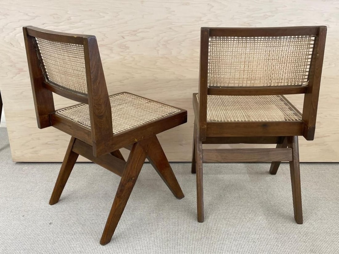 Set of Ten Pierre Jeanneret Hand Cane Chairs, Teak, Cane - 5