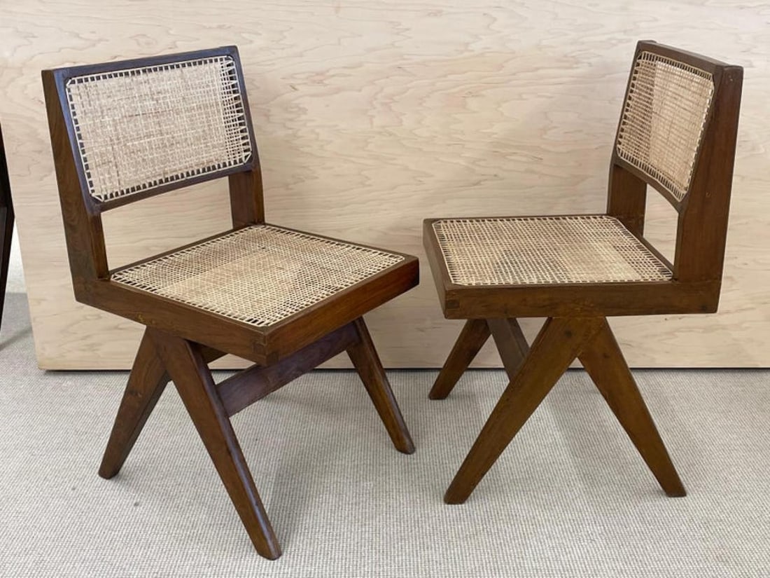 Set of Ten Pierre Jeanneret Hand Cane Chairs, Teak, Cane - 8