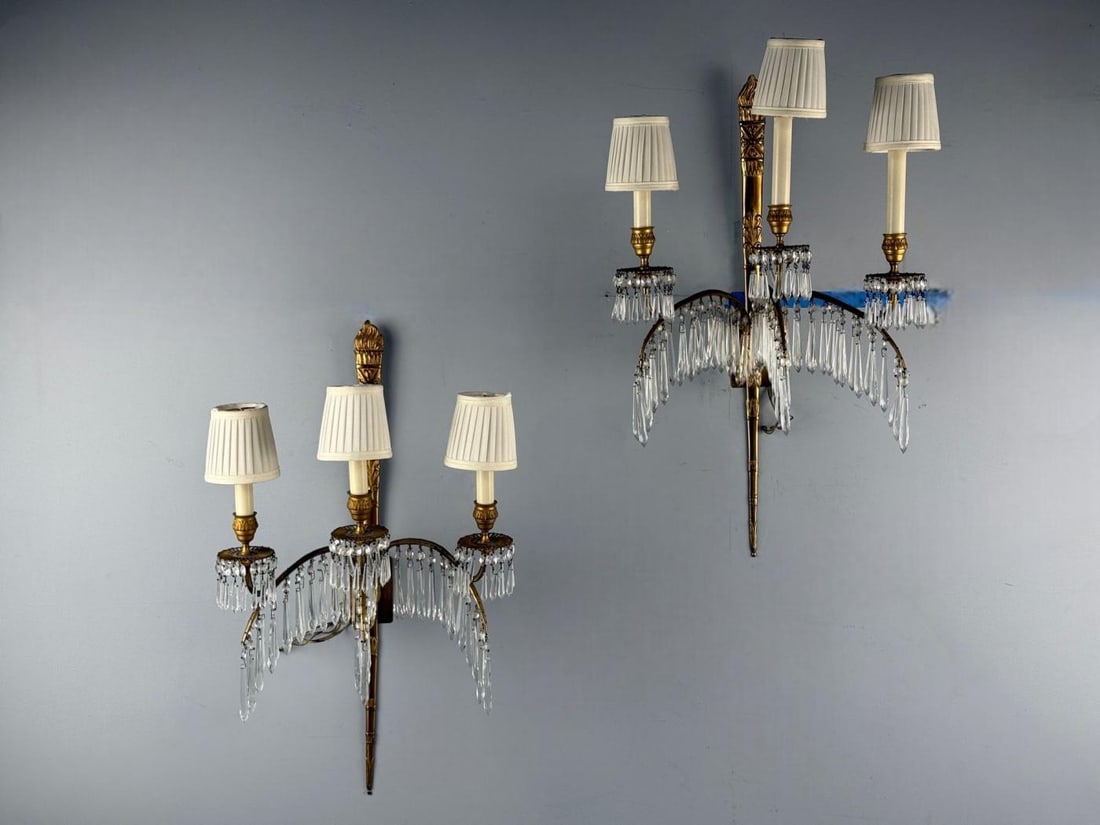 Maison Jansen, Feather Form Wall Sconces, Crystal, Bronze, France, 1940s - 2