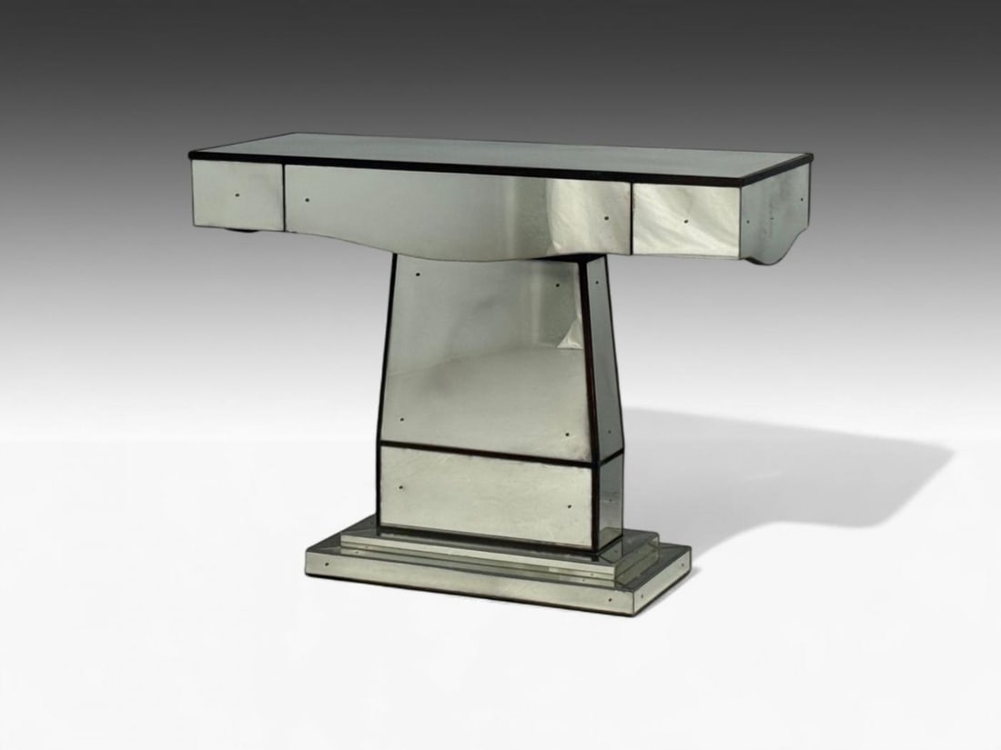 Art Deco Style, Mirrored Console Tables, Painted Wood, Distressed Glass - 3