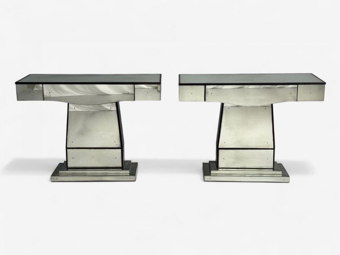 Art Deco Style, Mirrored Console Tables, Painted Wood, Distressed Glass - 4