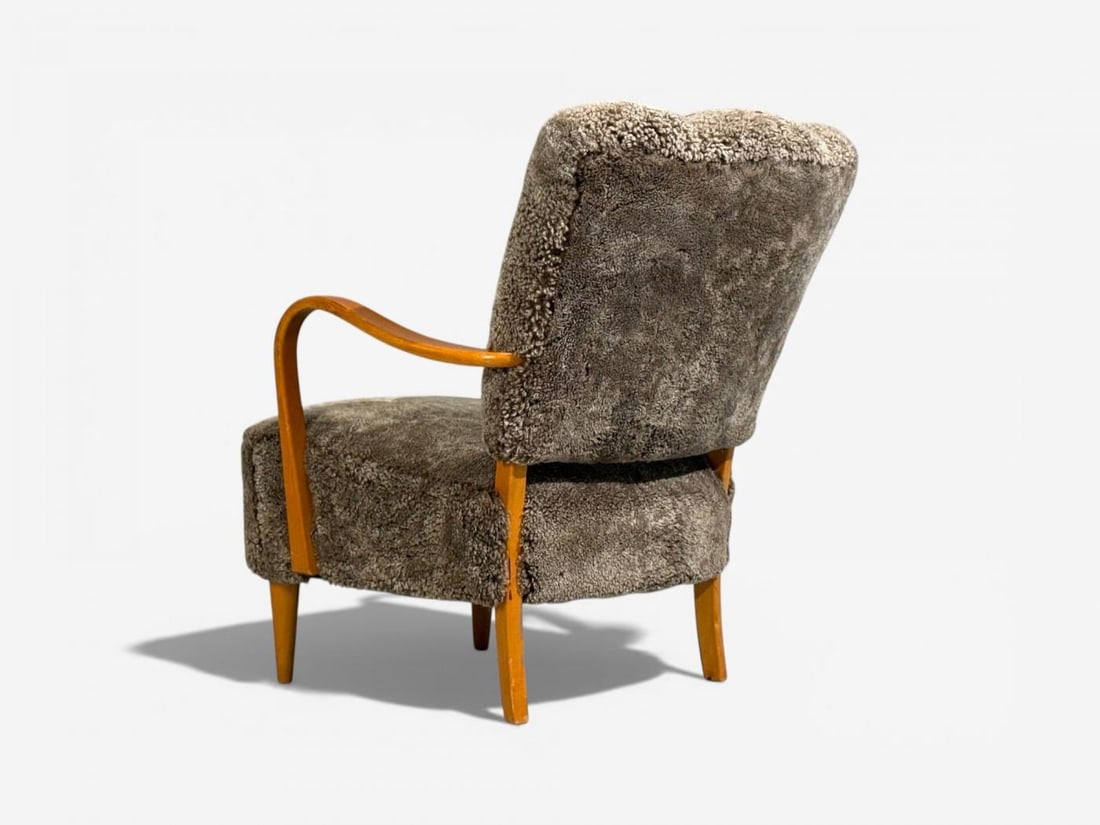 Swedish Modern, Lounge Chairs, Elm, Gray Shearling, Sweden, 1940s - 10