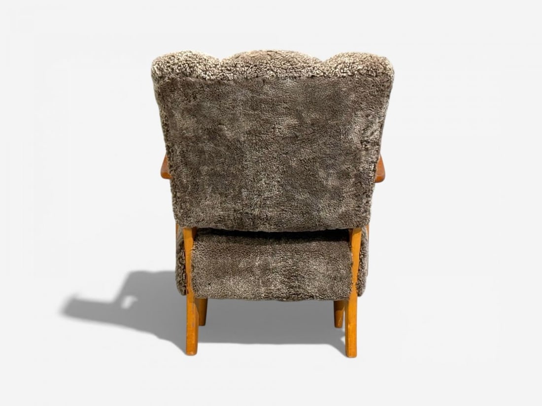 Swedish Modern, Lounge Chairs, Elm, Gray Shearling, Sweden, 1940s - 11