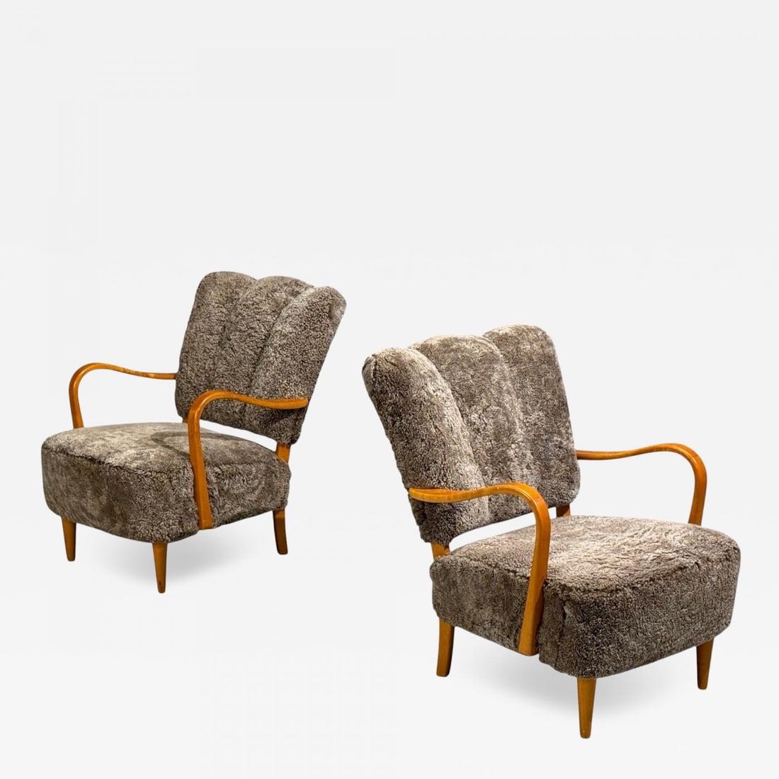 Swedish Modern, Lounge Chairs, Elm, Gray Shearling, Sweden, 1940s (1 of 11)