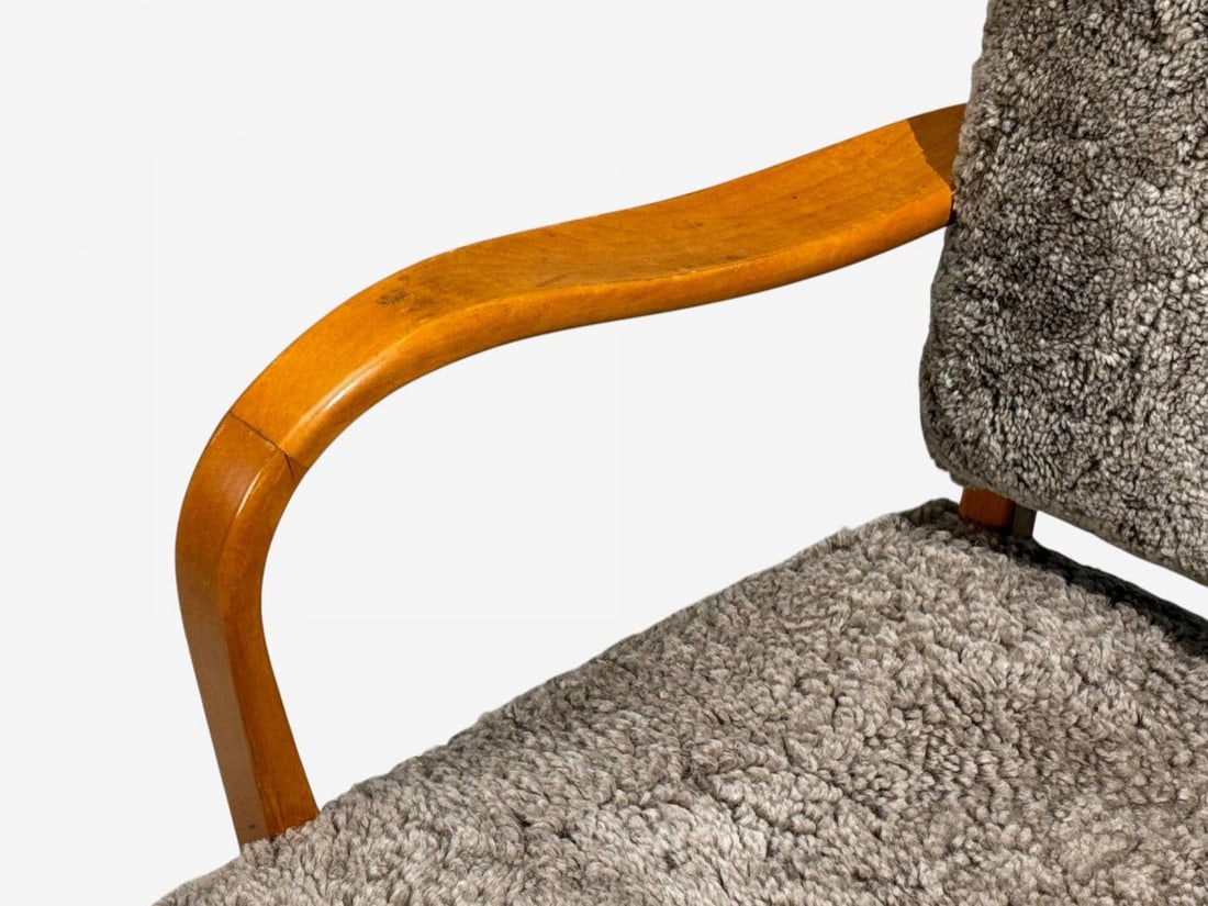 Swedish Modern, Lounge Chairs, Elm, Gray Shearling, Sweden, 1940s - 7