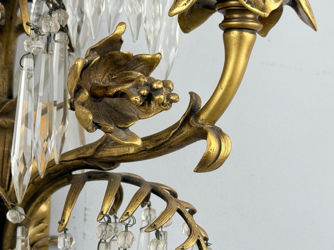 French Louis XV, Bronze, Cut Crystal, Large Wall Sconces, France, 1930s - 10