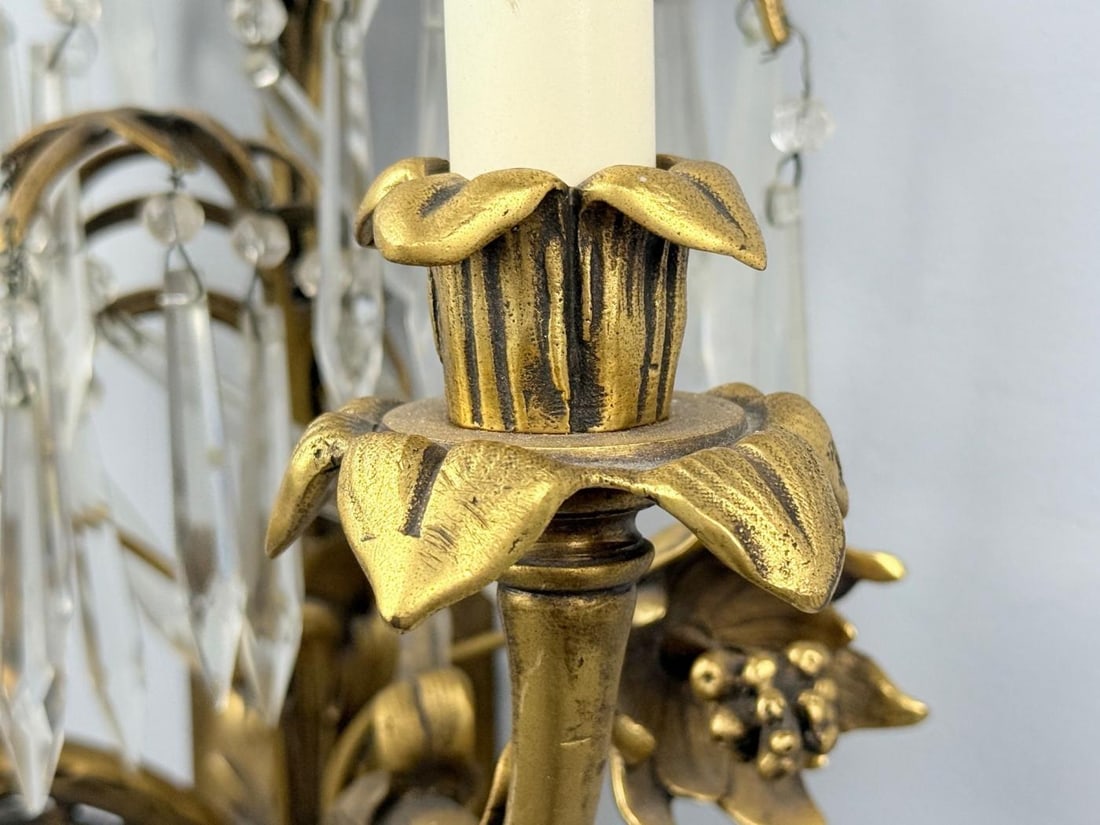 French Louis XV, Bronze, Cut Crystal, Large Wall Sconces, France, 1930s - 11