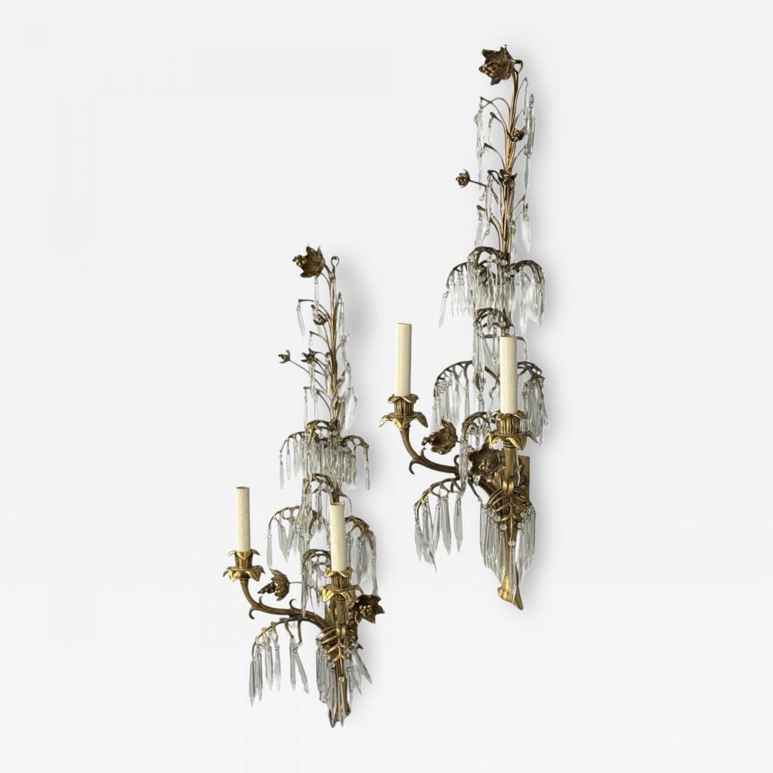 French Louis XV, Bronze, Cut Crystal, Large Wall Sconces, France, 1930s (1 of 12)