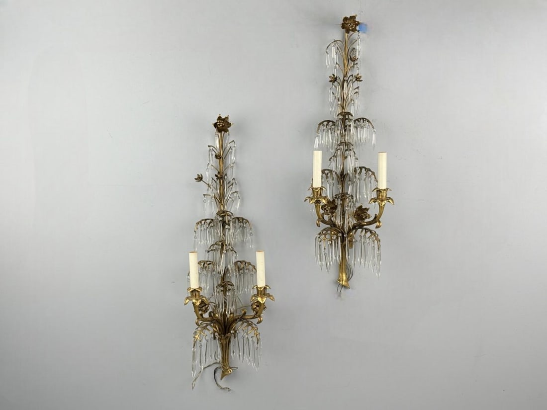 French Louis XV, Bronze, Cut Crystal, Large Wall Sconces, France, 1930s - 3